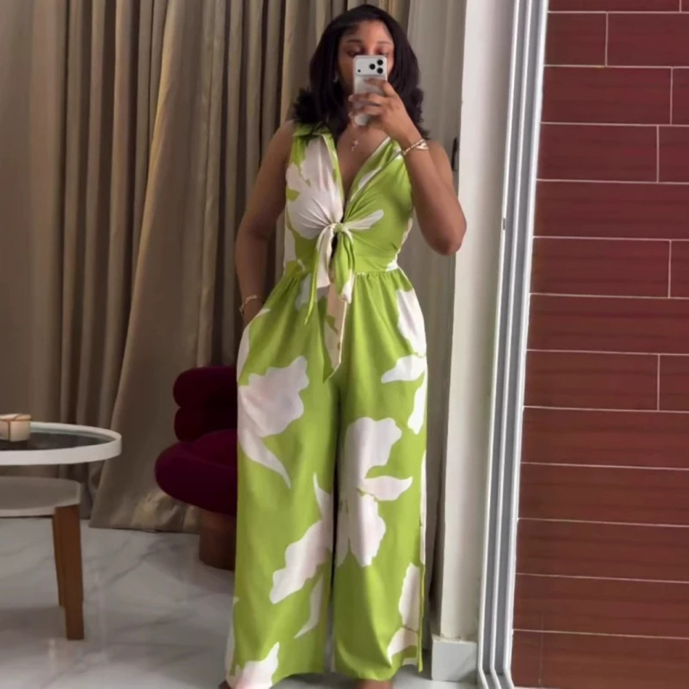 ZARA African Fashion Tie Neck Print Slim Fit Jumpsuit